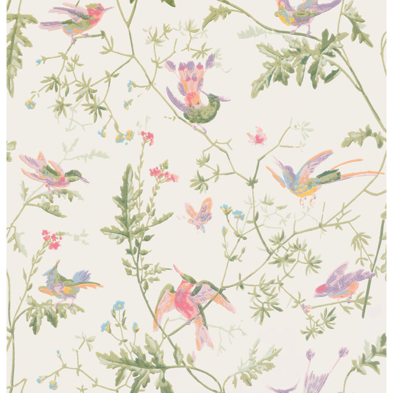 Hummingbirds Floral Wallpaper Roll, Light Green