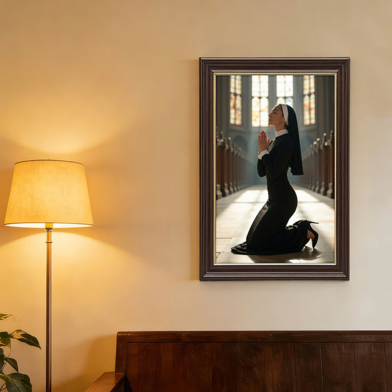 Art mural antique sur toile encadré doré pour le salon, la chambre à coucher, le bureau ou le vestibule - décoration murale décorative avec nonne priante