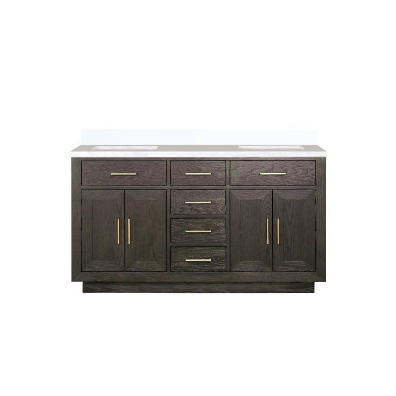 Meuble-lavabo double en chêne 60 po X P 22 po D, avec plateau en quartz blanc, Brun, Doré, 60"