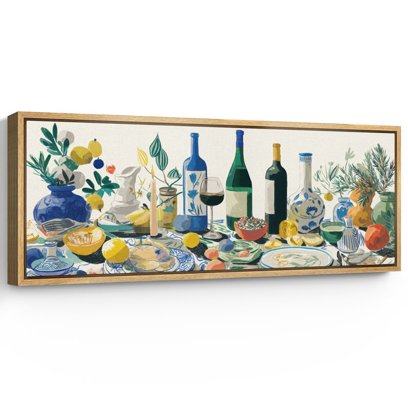 Colorful Mediterranean Feast Artwork Extra Large Pictures Framed Canvas Print Wall Art, 20" H x 60" W, Natural