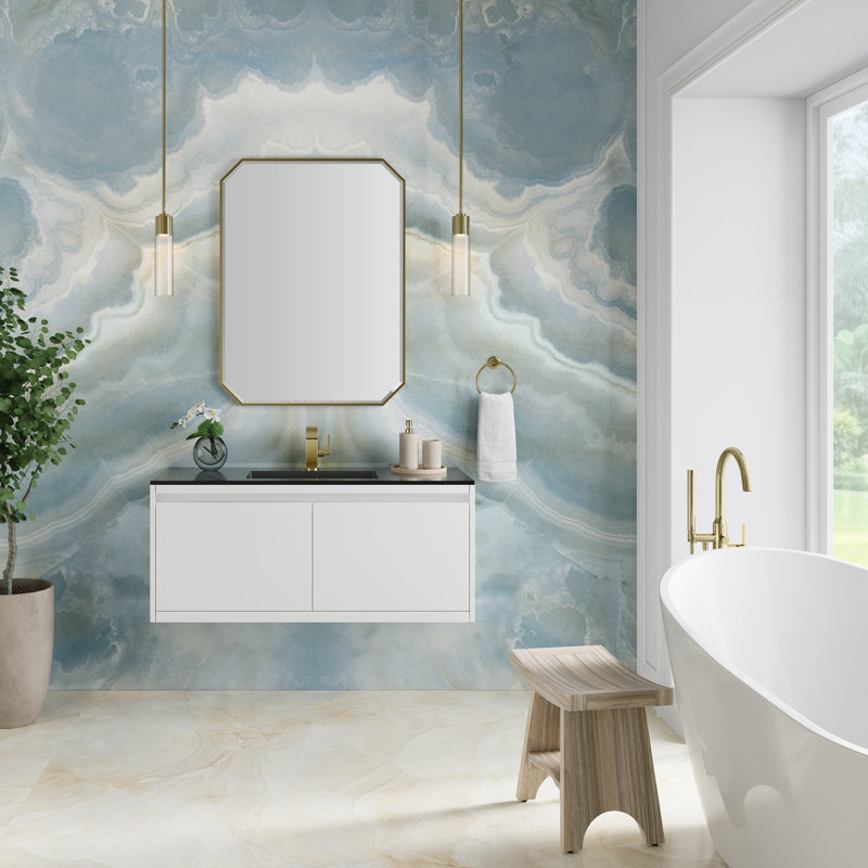 Mantova 47.25'' W Single Vanity, Glossy White/Champagne Brass, Charcoal Black