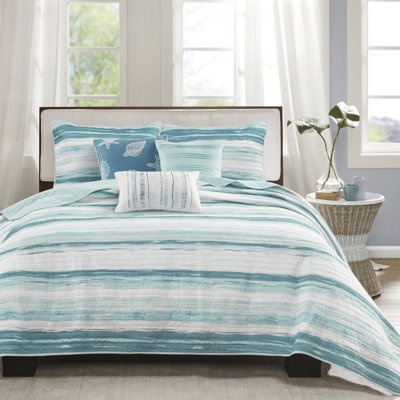 Courtepointe double / grand 6 pièces avec coussins. Thème aquarelle tranquille. Microfibre pour une atmosphère de chambre à coucher apaisante. Taies d'oreiller lavables à la machine. Rayé. Chambre douce et paisible.