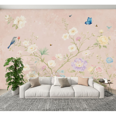 Papier peint adhésif rétro à motif floral, oiseaux botaniques, papillons, rose pâle, H 100 po x l 144 po, papier peint amovible, adhésif pour salle de bain