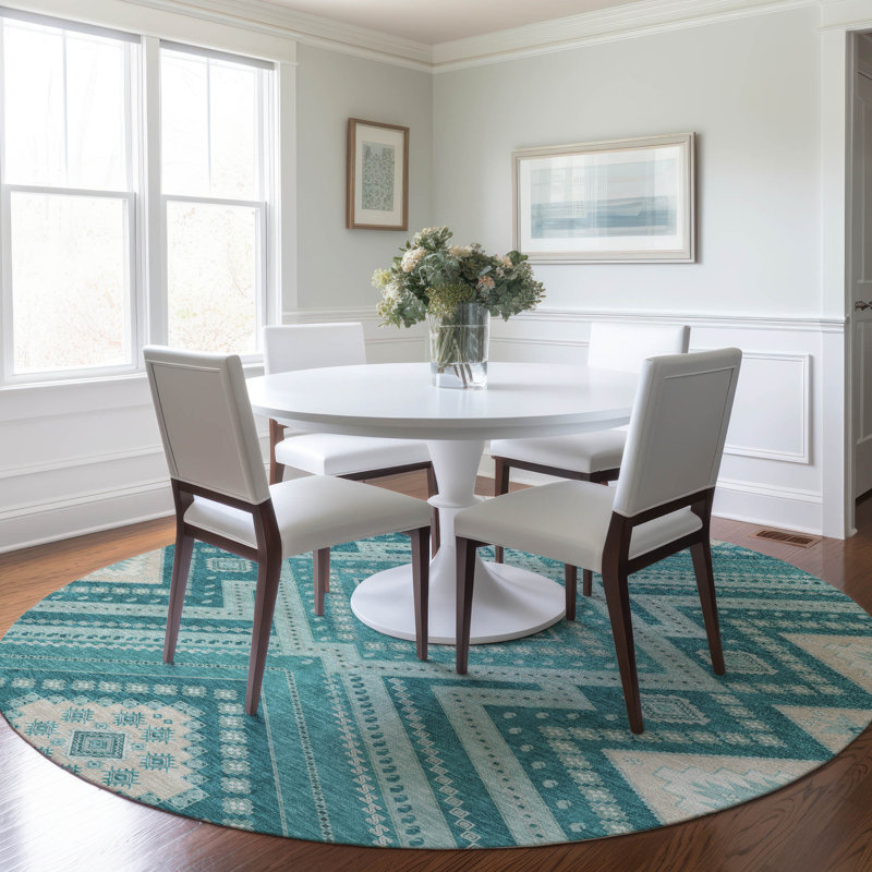 Teal Round Synthetic Flat Woven Washable Rug, 8'