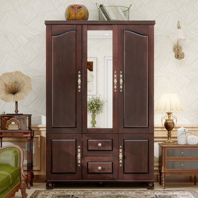 Armoire-penderie 100% bois massif à 3 portes avec miroir et 2 tringles de suspension, H 70,87 po