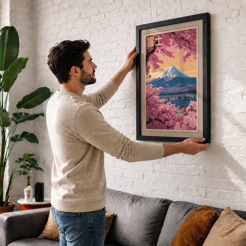 Mount Fuji in Bloom Japandi - Framed Print, A2 - 59.4 x 42.0 cm, White