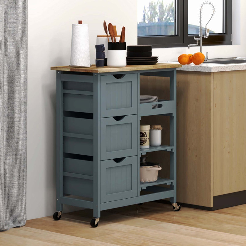 Chariot pour îlot de cuisine, chariot de service de bar, chariot compact sur roulettes avec plateau en bois, tablettes et tiroirs pour la salle à manger à la maison HOMcom, gris