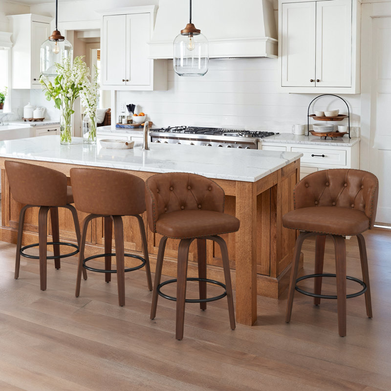 Swivel Upholstered Counter & Bar Stool With Wood Frame (Set Of 4), Brown/Deep Walnut/Black