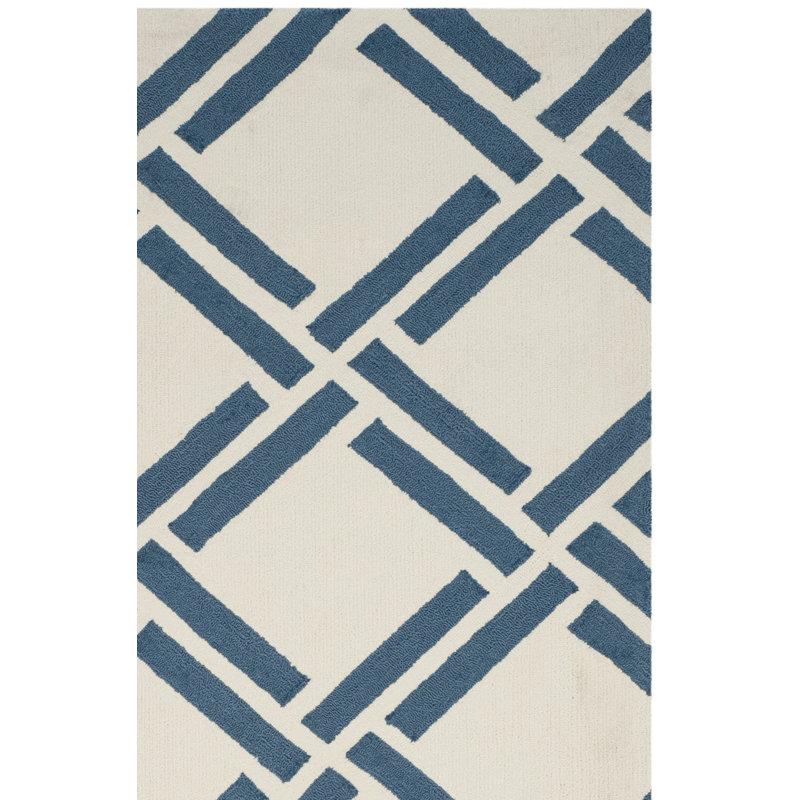 Tapis géométrique crocheté à la main ivoire / bleu Ardi, Rectangle 5 pi x 8 pi