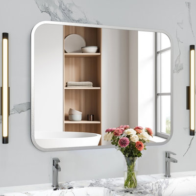 Miroir de salle de bain argenté 40 "32". Rectangle avec coin rond pour la chambre à coucher. Réflexion HD, cadre en aluminium, sans couture, installation rapide, coin de 40 po à 32 po. Guide d'installation sans effort