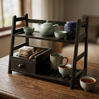 Station de thé en bambou avec tiroir Tea Matcha pour la cuisine et le bureau | Facile d'accès pour les articles faciles à nettoyer
