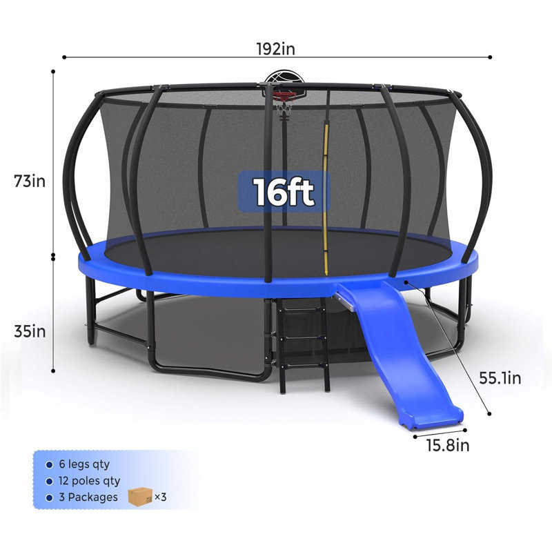 Trampoline de 16 pieds pour l'extérieur avec glissade, trampolines récréatives avec filet et échelle pour enfants et adultes