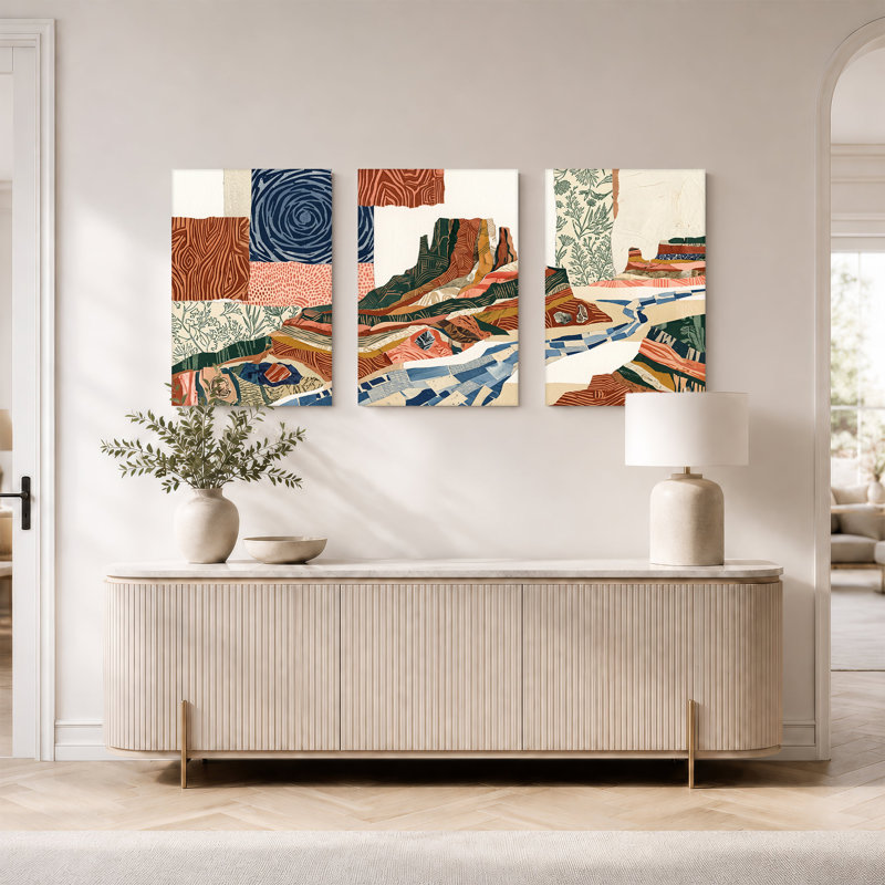 "Torn Paper Mountain Landscape" avec tons de terre et ensemble de 3 toiles en spirale bleu ciel, H 30 po x l 20 po x 3 pièces