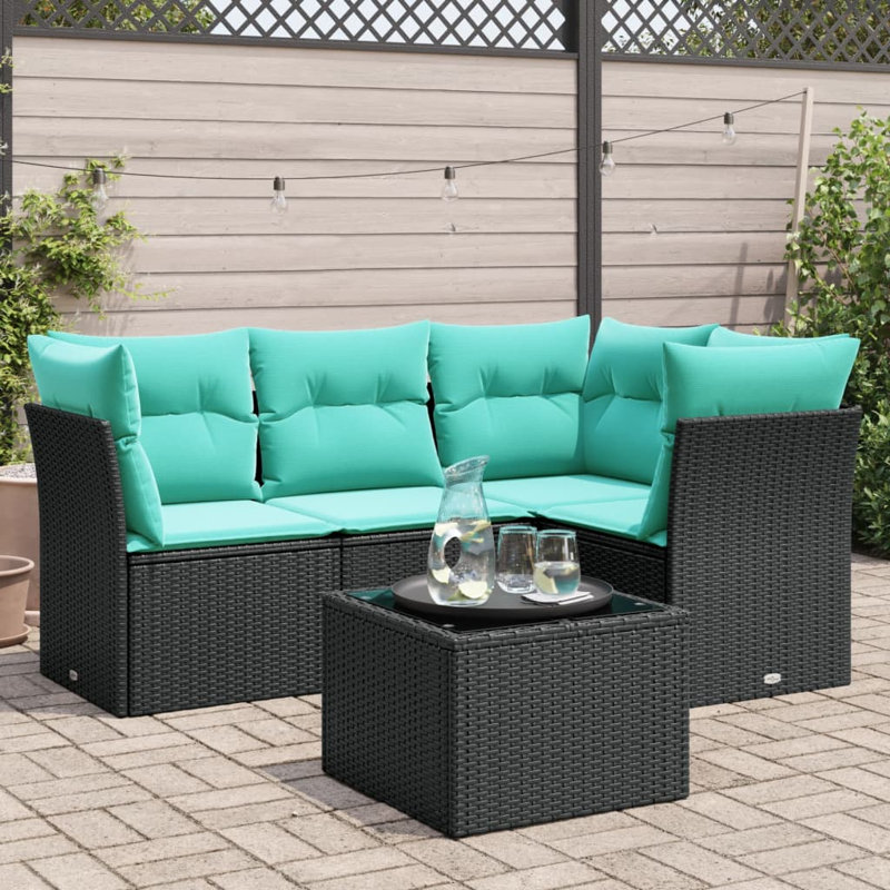  Ensemble de canapé de patio 5 pièces avec coussins en rotin de polyester noir, Bleu clair, Noir