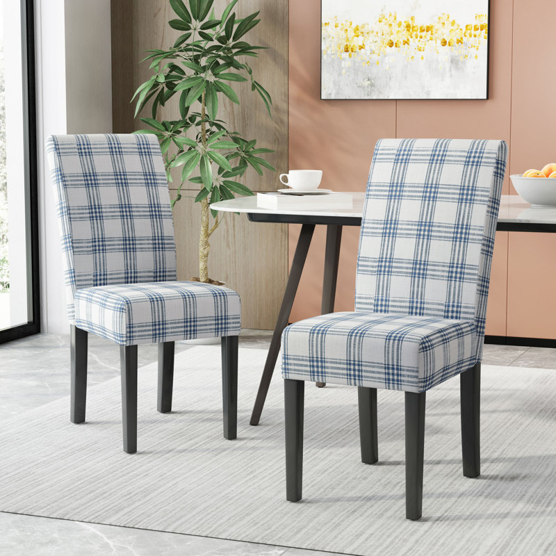 Chaise Parsons rembourrée Olin, Tissu écossais bleu foncé / beige clair