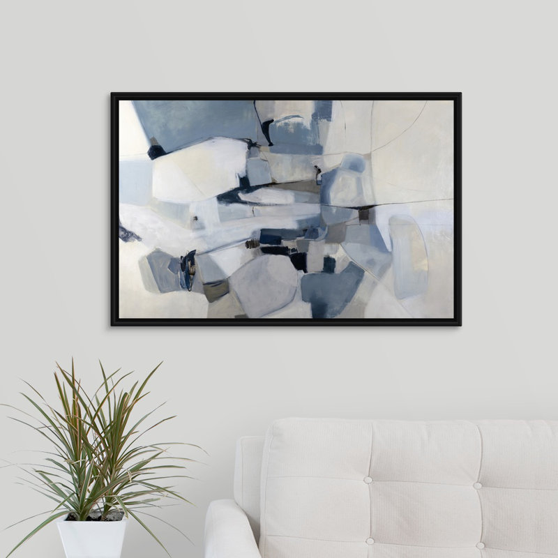 « blue cases », peinture sur toile, H 21,7 po x l 31,7 po x P 1,75 po, Cadre flottant noir