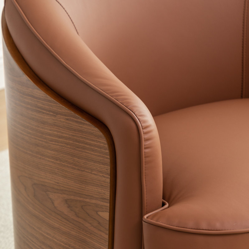 Wooden Vegan Leather Upholstered  Armchair  Swivel Barrel Chair, Deep Brown