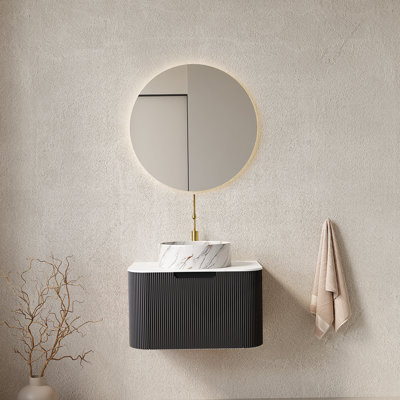 Meuble-lavabo de salle de bain 24 po avec lavabo, armoire de rangement murale rayée à bords arrondis avec tiroir, lavabo rond en céramique blanche avec motif de pierre, pré-assemblé, couleur noire