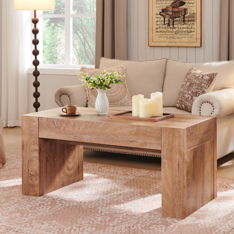 48" Modern Farmhouse Coffee Table With Hidden Storage Drawer,wood Thick Design For Living Room, Golden Rustic Barnwood