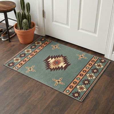 Andrew Southwestern Oriental Machine Washable Sage 2' x 3' Doormat with Non-Slip Backing