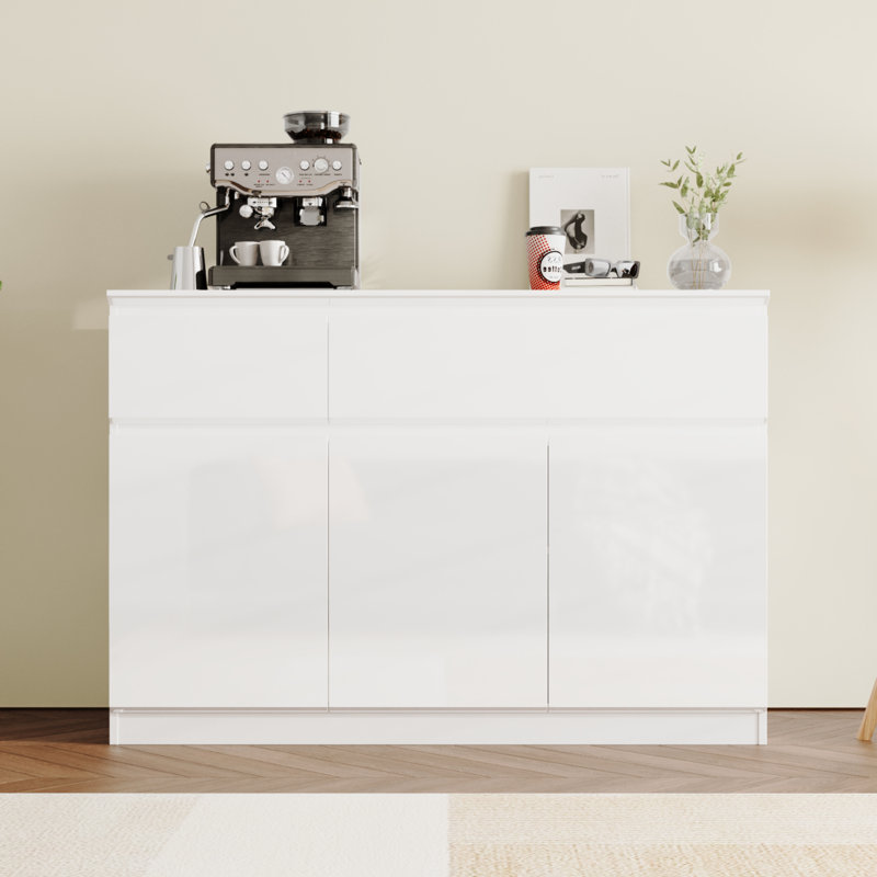 120cm High Gloss PET Sideboard with 3 Doors & 2 Drawers - Modern Handle-Free White Credenza