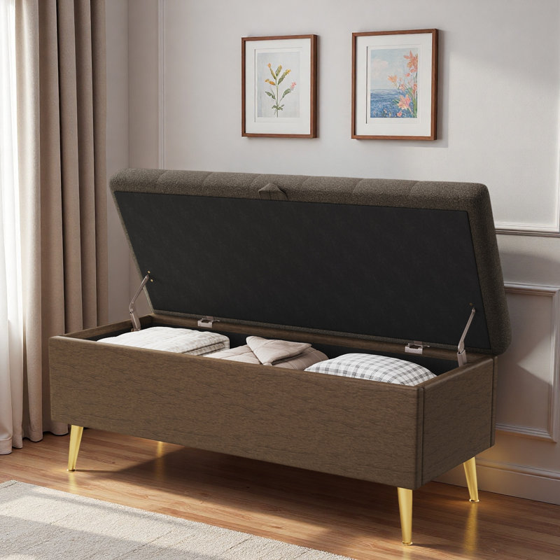 Banc avec repose-pieds moderne avec amplement d'espace de rangement, coussin capitonné et pieds en métal, Café