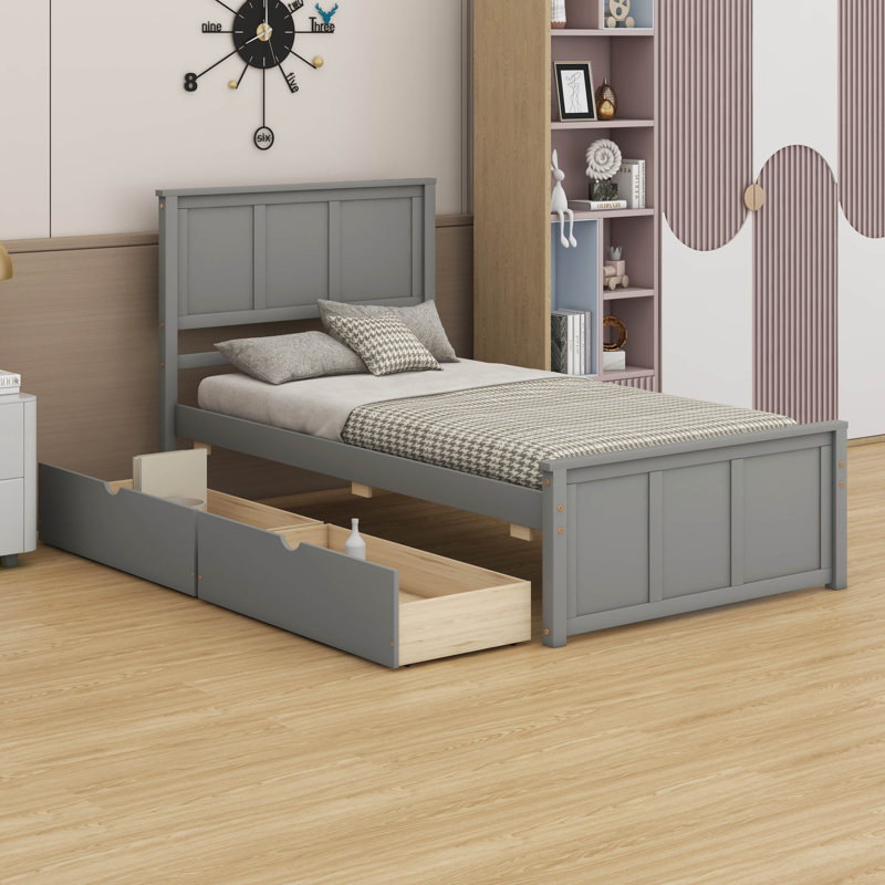 Lit plateforme simple avec 2 tiroirs, lit plateforme en bois avec roues et support à lattes, Gris