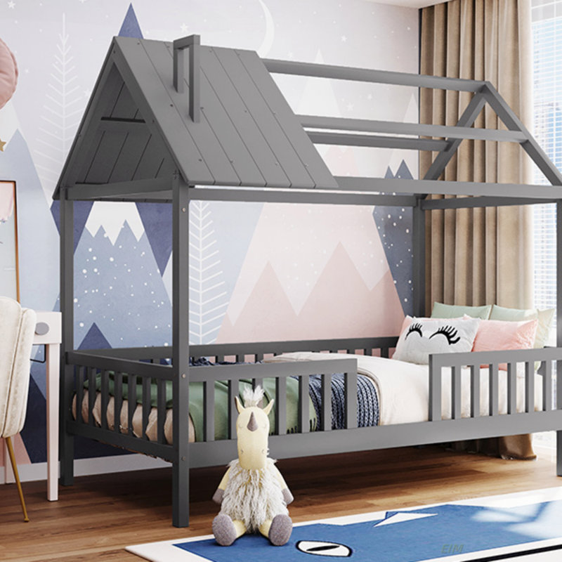 Lit simple en bois avec clôture (lit), Gris