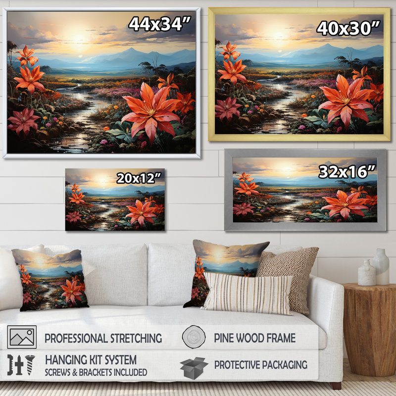 Charme de poinsettias en présence de volcan, Cadre simple noir, H 34 po x l 44 po x P 1,5 po