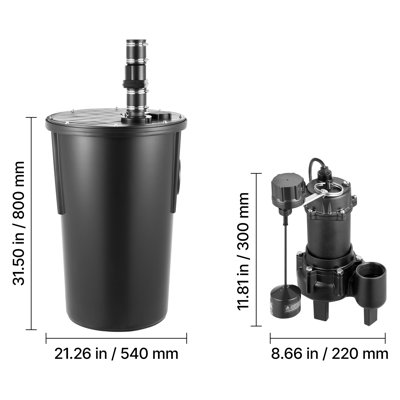 Système de pompe d'égout, 1/2 HP, pompe d'égout en fonte 4800 GPH avec ensemble de bassin, système automatique de collecte et d'évacuation d'eau / d'infiltration extérieur de 120 volts avec interrupteur à flotteur vertical, débit de 2 po, noir