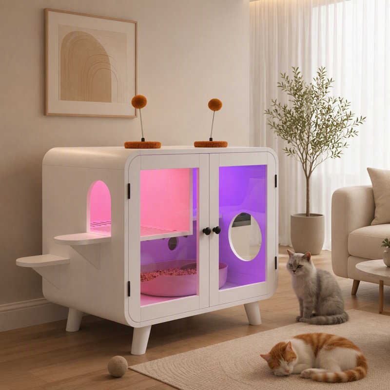 Enceinte de litière pour chat avec lumière DEL et escaliers et jouets, White