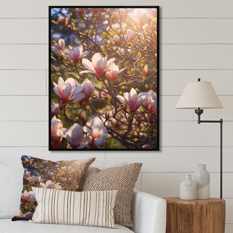 «Magnolias roses», impression sur toile, Cadre flottant noir, H 32 po x l 16 po x P 1 po