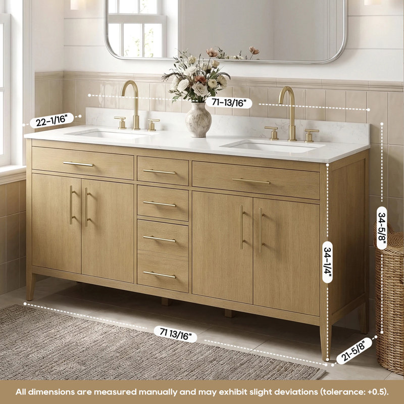 72" Fully Assembled Double Sink Bathroom Vanity with Solid Surface White Granite Top & Backsplash