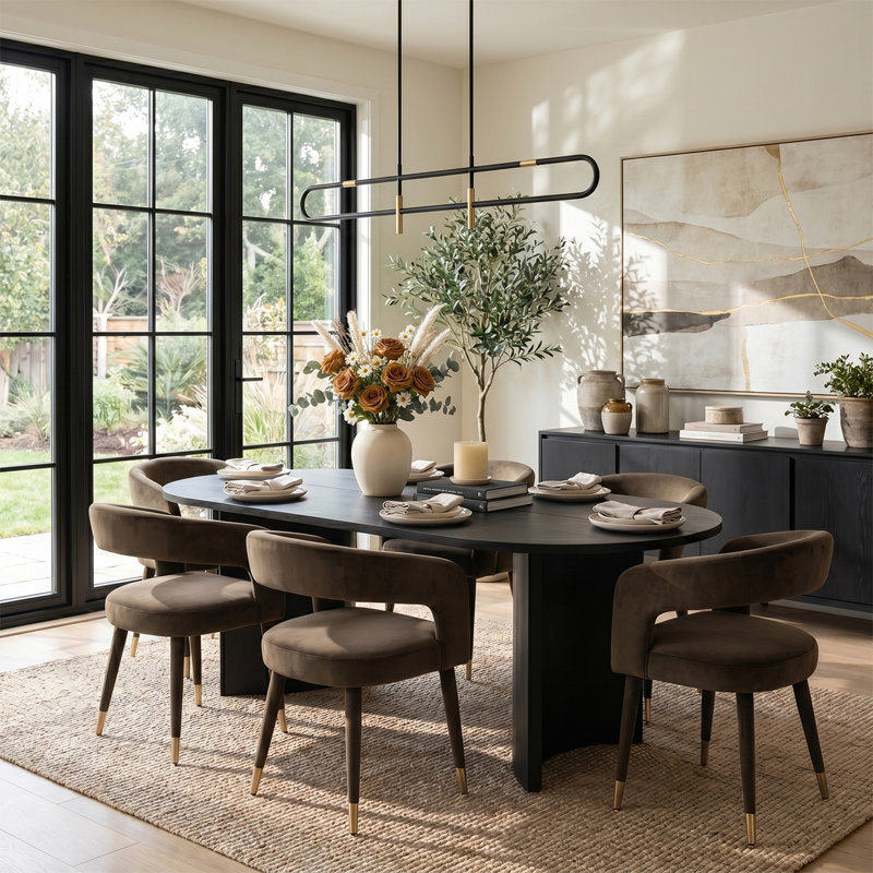 Modern 79" Oval Dining Table Set With 6 Velvet Dining Armchairs, Mink