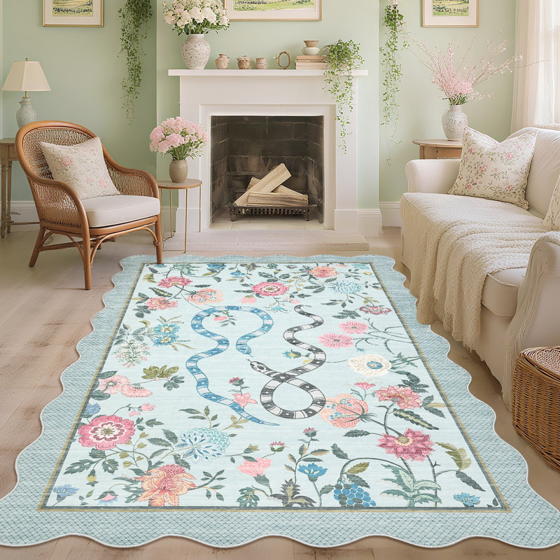 Farmhouse Floral Rug Washable Rug Non Slip Modern Scalloped Carpet, Soft Non Shedding Indoor Carpet, Low Pile Thin Foldable Printed Mat
