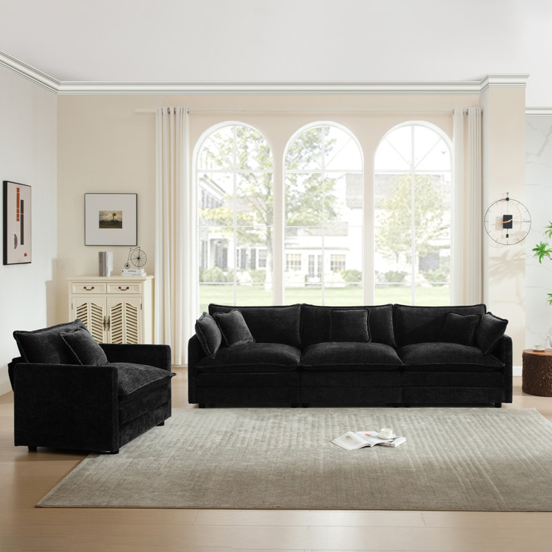  Ensemble de salon, canapé en chenille moderne, pour le salon, Noir, noir, noir, noir