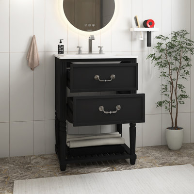 Meuble-lavabo de 24 po en MDF avec lavabo en céramique, armoire de salle de bain avec deux tiroirs à fermeture en douceur et une tablette ouverte