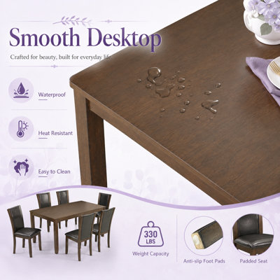 Daquez 7-Piece Dining Set with Walnut Table and 6 PU Upholstered Chairs
