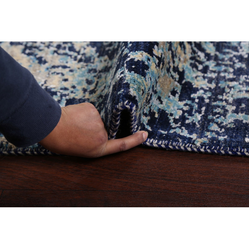 Tapis ivoire / bleu noué à la main de conception unique 9 pi x 12 pi 2 po New Age