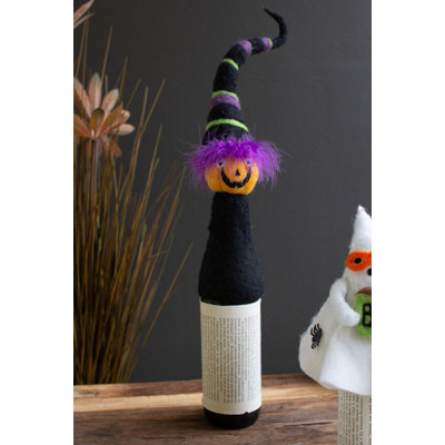  Felt Halloween Jack-O-Lantern Bottle Topper with Witch Hat 15" H Festive Bottle Decoration