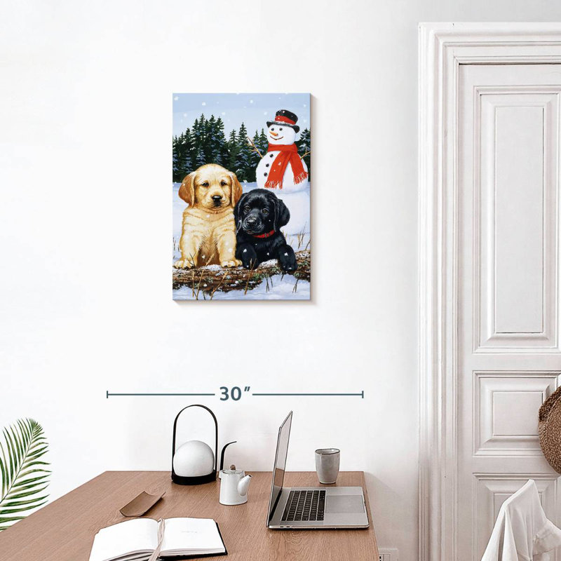Brampt Lab Puppies With Snowman, 24" H x 16" W