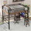 Lit mezzanine double en métal avec DEL, bureau intégré, tablette de rangement et échelle, noir