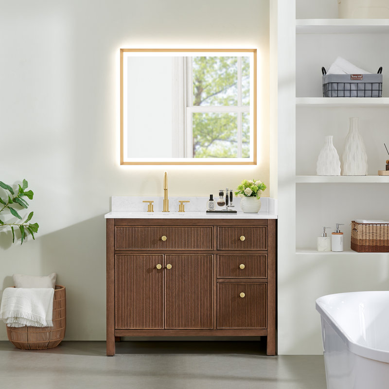 Meuble-lavabo simple 42 po avec miroir Lala, Chêne brossé brun