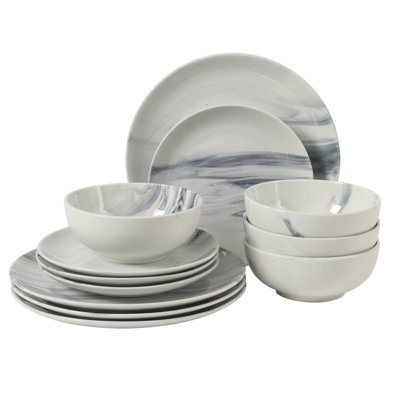  Cloudlight 12 Piece Plates and Bowls Dishes Blue and White - Decorated Porcelain Ceramic Dinnerware Set - Service for 4