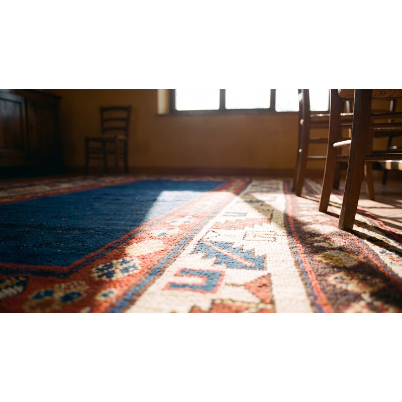 Open Blue Field Antique Tribal Geometric Caucasian Talish Rug