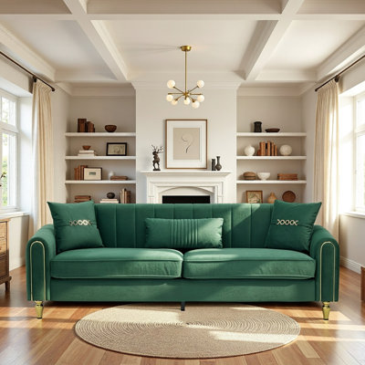 Canapé 3 places moderne, 87,4 pouces, avec revêtement en tissu, coussins décoratifs et pieds en métal pour dossier de condominium, accoudoirs roulés, support à ressorts ensachés