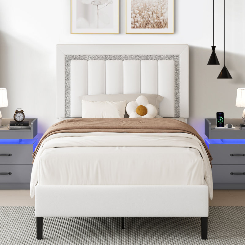 Ensemble de lit plateforme tapissier Diamond, Simple, Blanc