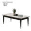 Table basse de style contemporain avec plateau en pierre frittée et pieds en flèches argentées avec finition noire et blanche