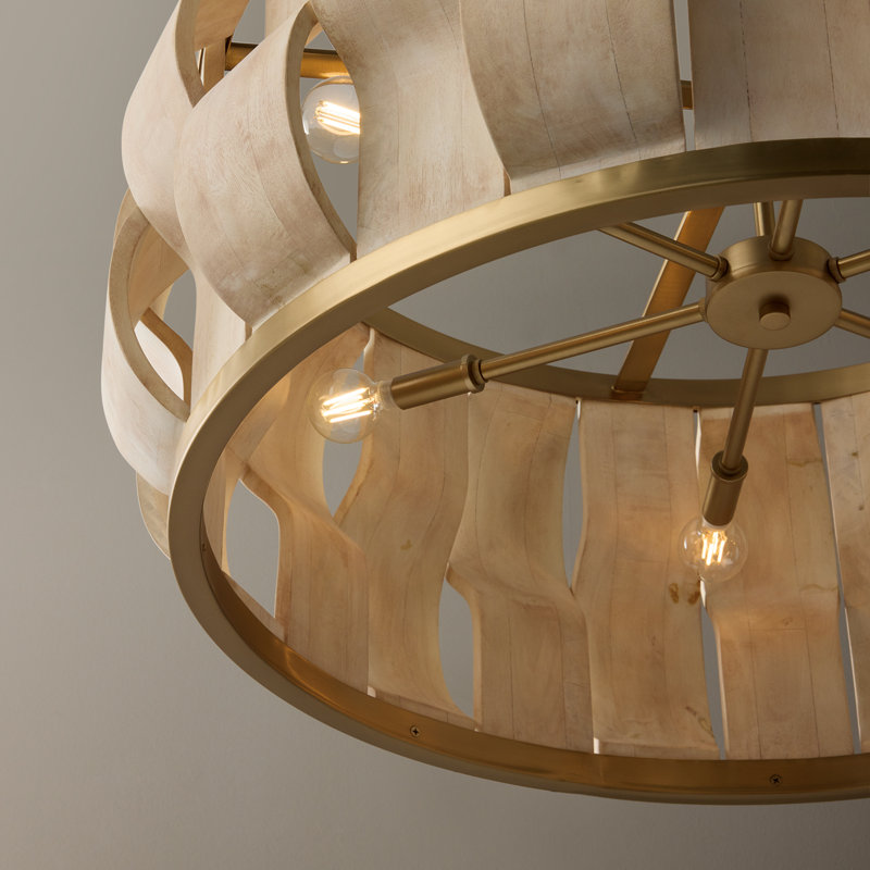 32" W x 13.5" H 6-Light Handcrafted Drum Pendant in Matte Brass with Hand-carved Bleached Mango Wood Panels, 32"W x 13.5"H