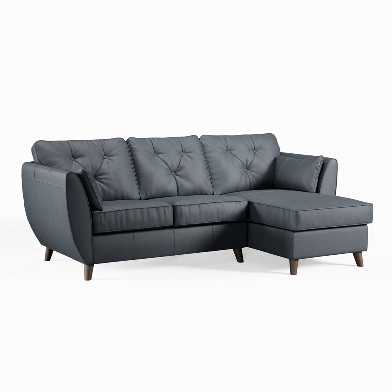 Hoxton 3 Seater Leather Maxi Sofa Chaise, Navy, Right Hand Facing, Dark Wood